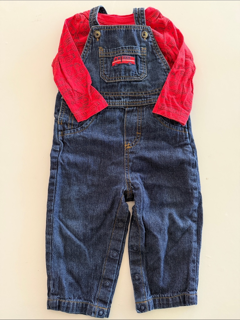Carters Denim Overalls with Red Long-Sleeve Firetruck Tee - 12 months